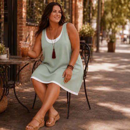 Layered Summer Swing Dress, Sleeveless Two-Piece-like Design