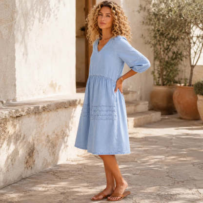Women's Puff Sleeve V-Neck Denim Babydoll Midi Dress
