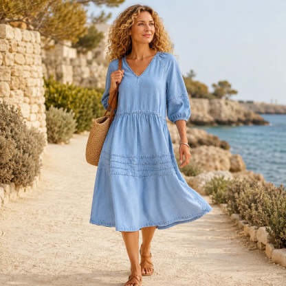 Women's Puff Sleeve V-Neck Denim Babydoll Midi Dress