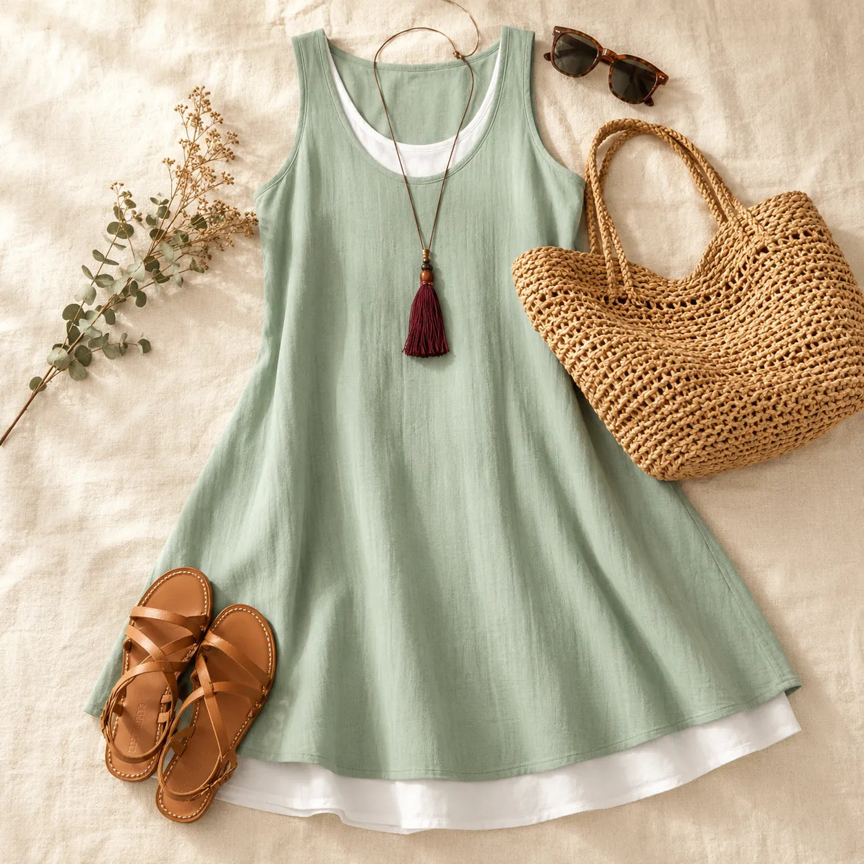 Layered Summer Swing Dress, Sleeveless Two-Piece-like Design