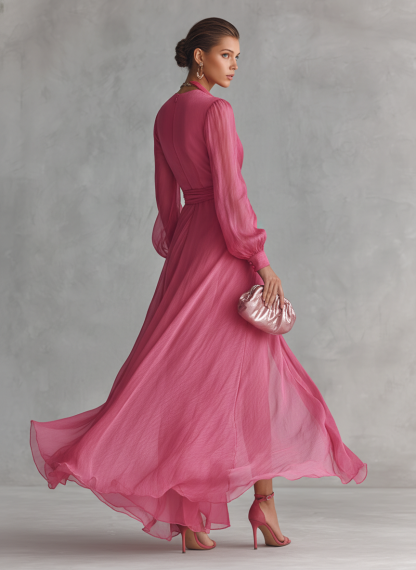 Elegant long pink dress with pearls and V-neck for women