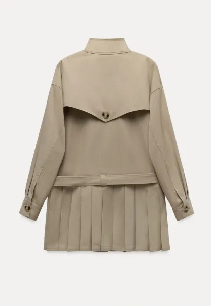 Womens Khaki High Neck Pleated Hem Trench Coat