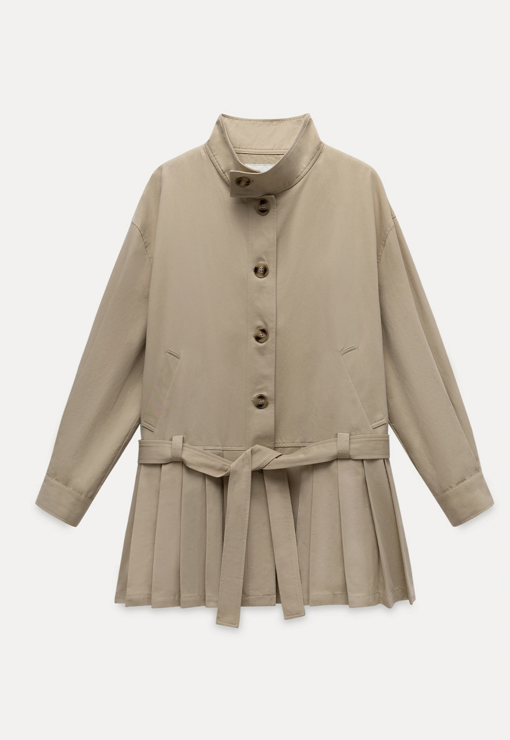 Womens Khaki High Neck Pleated Hem Trench Coat
