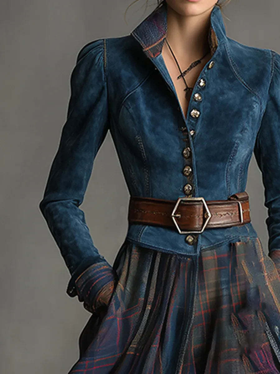 Retro Ethnic Style Blue Faux Suede Plaid Maxi Dress(Includes belt)