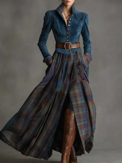 Retro Ethnic Style Blue Faux Suede Plaid Maxi Dress(Includes belt)