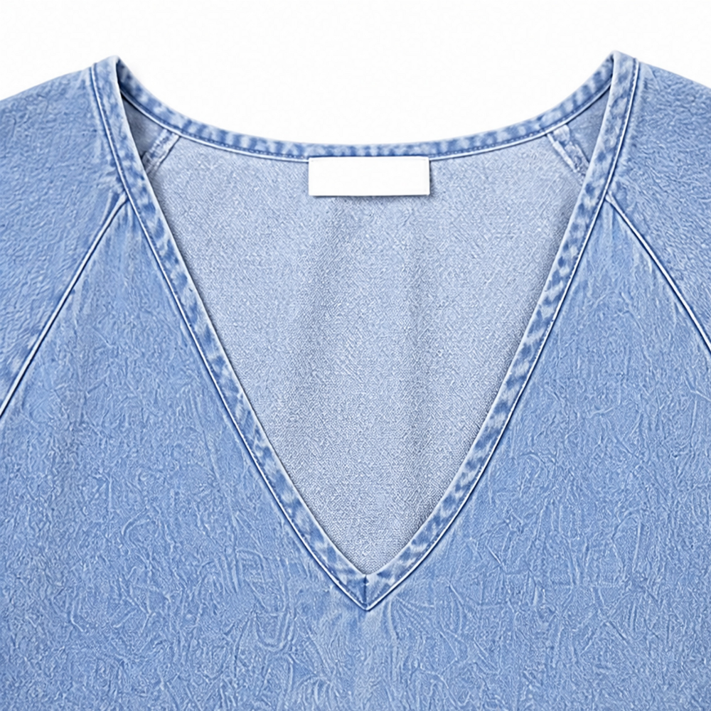 Women's Puff Sleeve V-Neck Denim Babydoll Midi Dress
