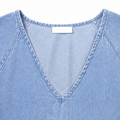 Women's Puff Sleeve V-Neck Denim Babydoll Midi Dress