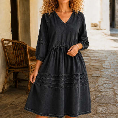 Women's Puff Sleeve V-Neck Denim Babydoll Midi Dress