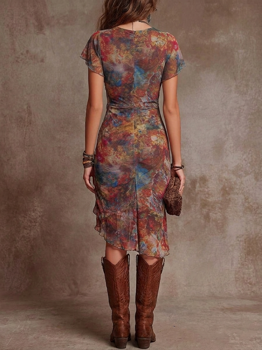 Midi Pleated Dress with V-Neck, Abstract Art Print in Bohemian Style