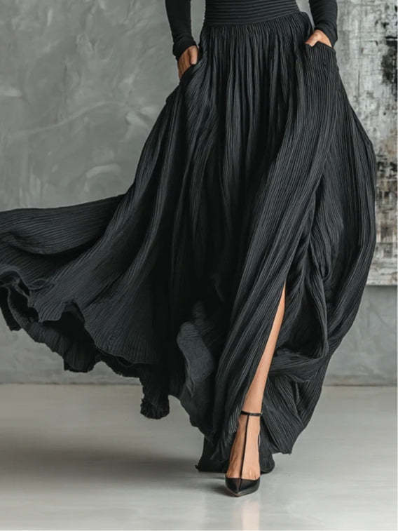 Fashion All Black Skinny Turtleneck T-shirt Pleated Skirt Set