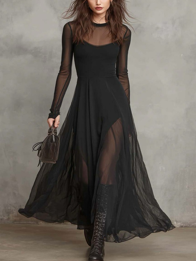 Black Tulle Patchwork Loose-fitting Maxi Dress