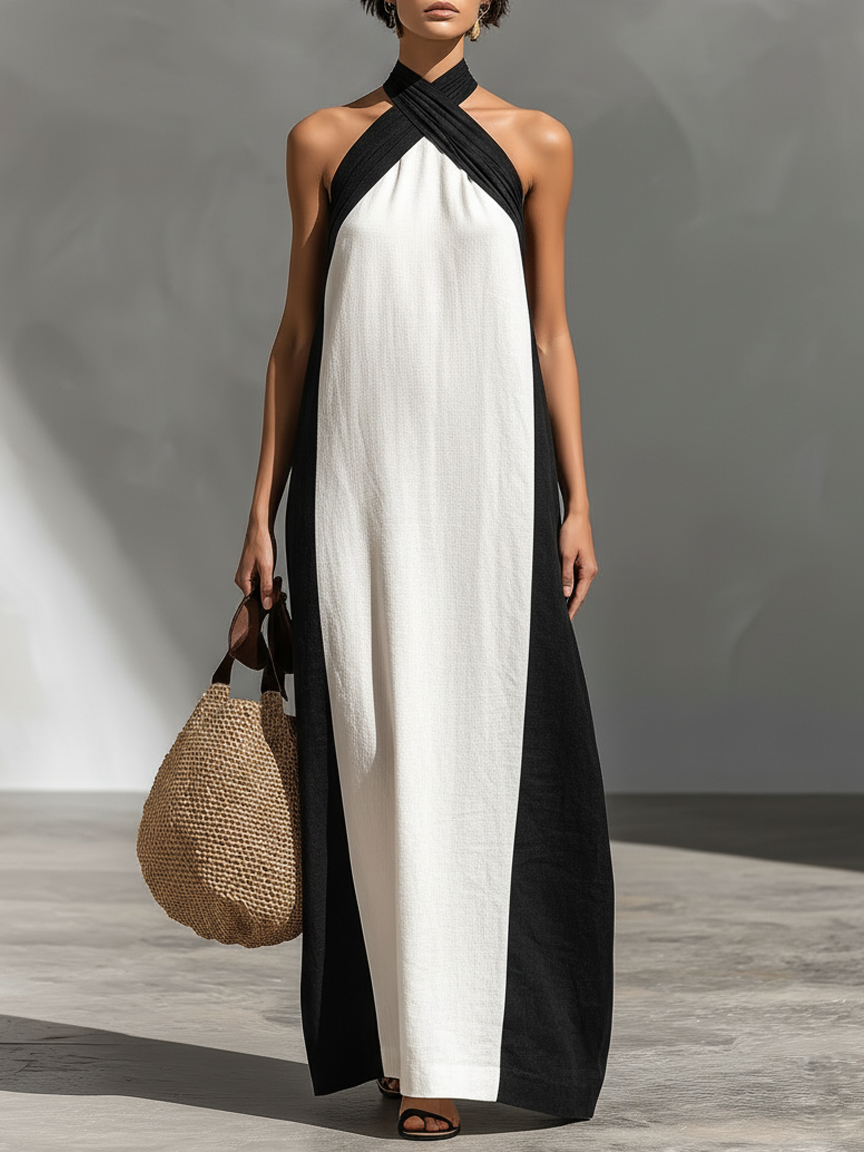 Women's Minimalist Halter-neck Color-block Maxi Dress MDZ3127A4Y