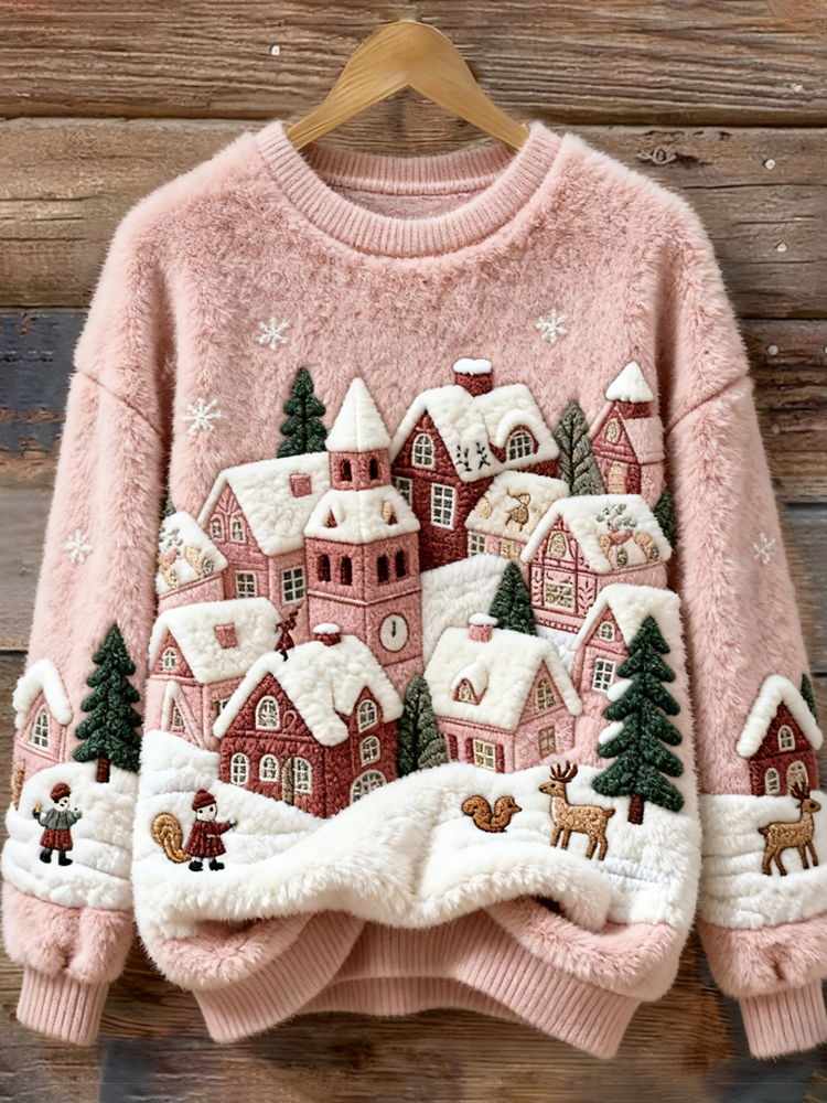 Christmas House Snow Scene Art Women's Cozy Plush Sweater