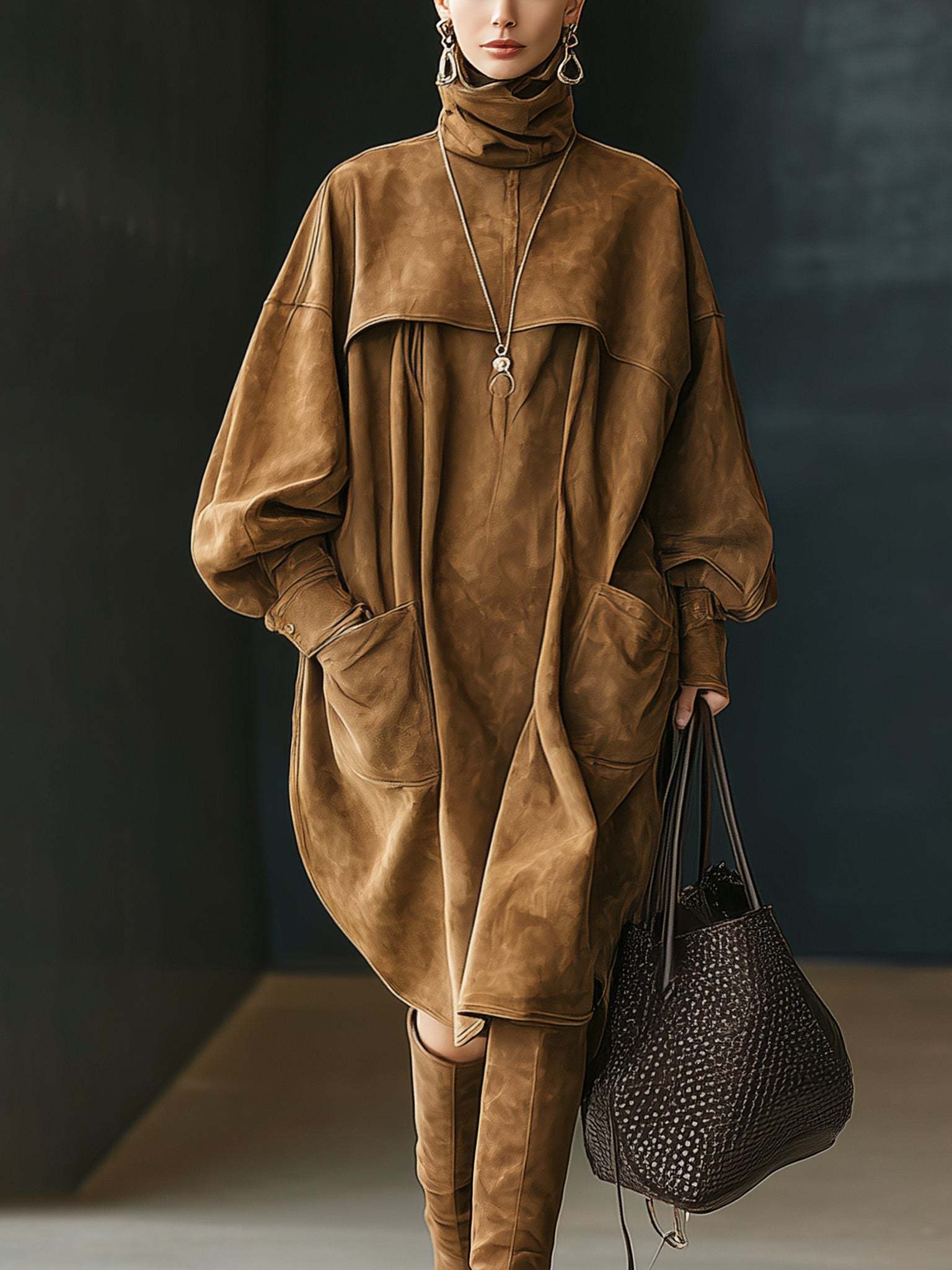 Vintage Brown Faux Suede Oversized Turtleneck Long Sleeve Midi Dress