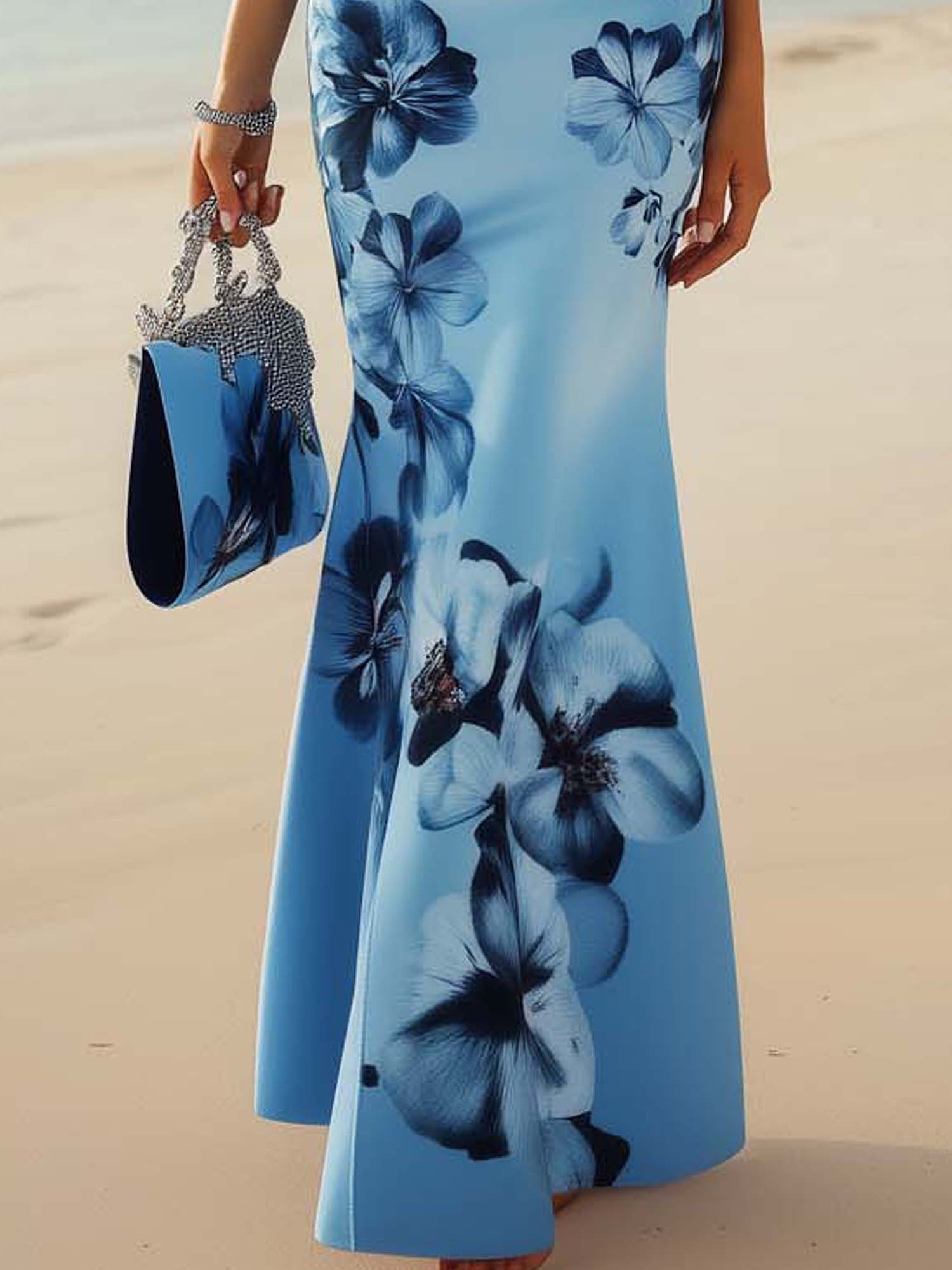 Shipping One Shoulder Light Blue Bodycon Dress With Blue Gradient Floral Print