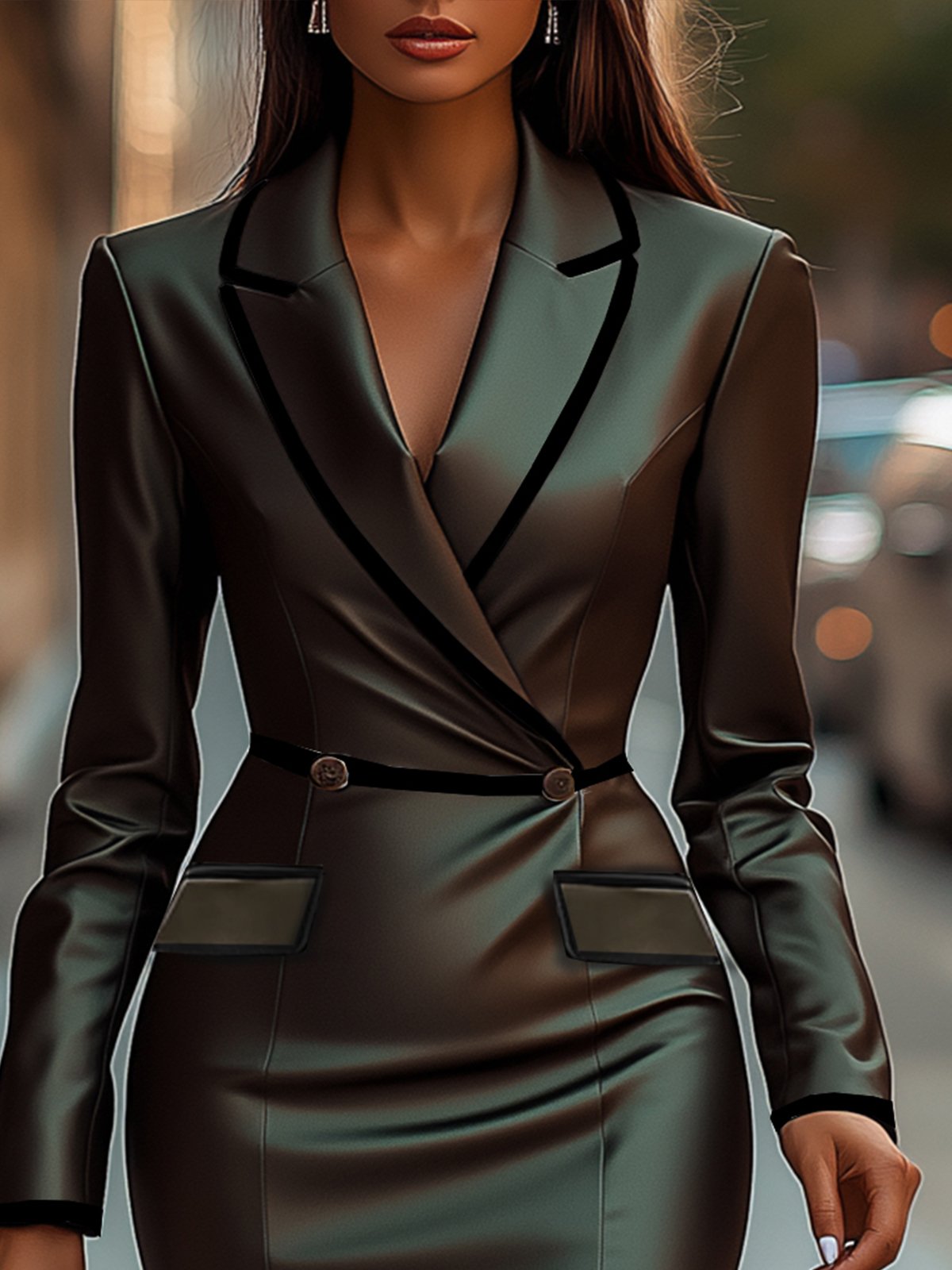 Shipping Green Lapel Long Sleeve Dress