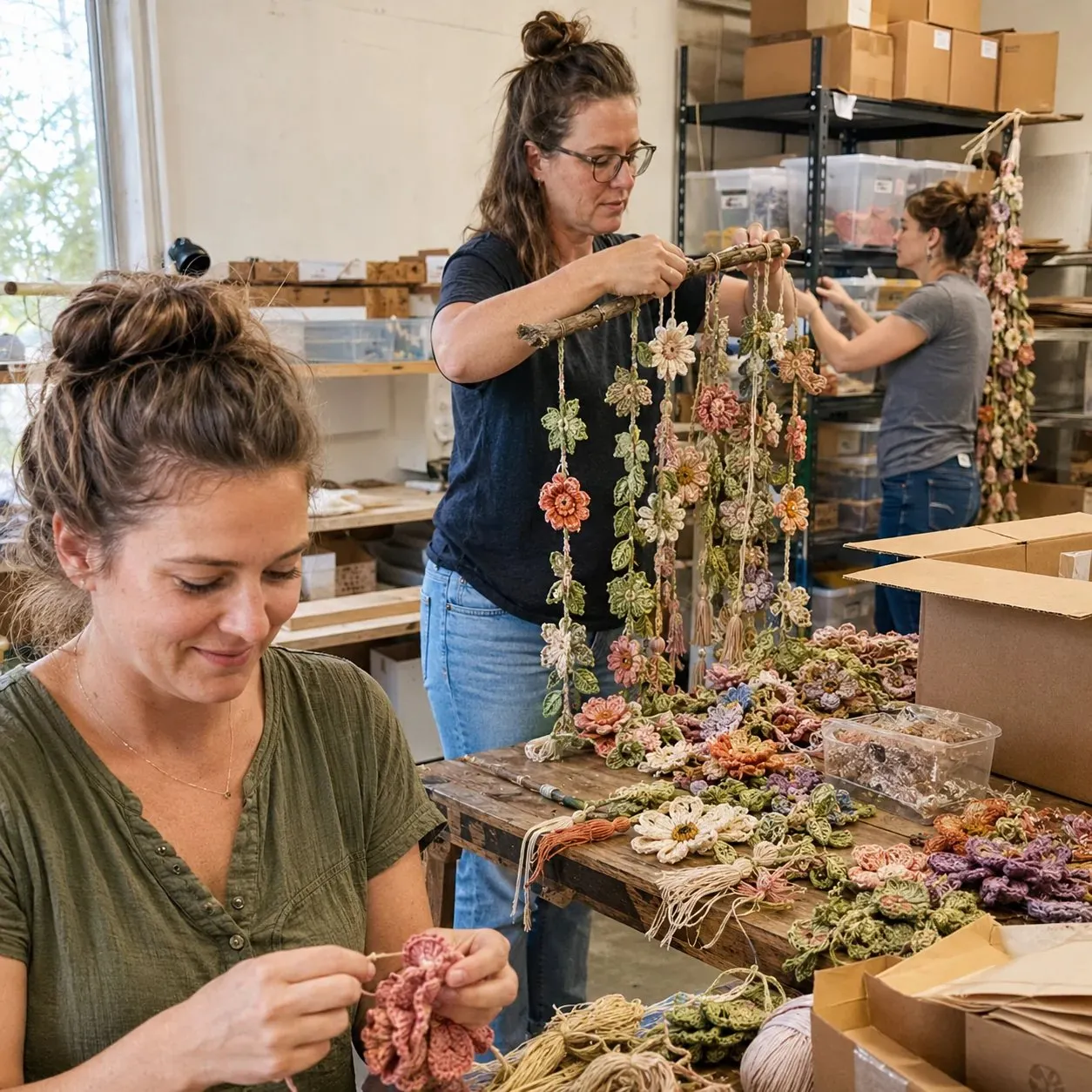 Artisans assembling crochet flower wall hangings by hand