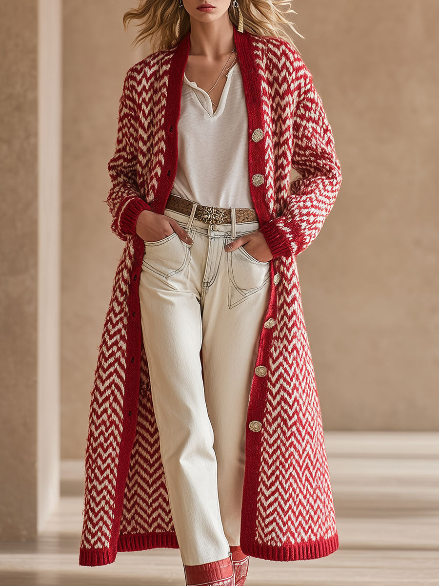 High-end Fashionable Red Herringbone Knitted Mid-length Cardigan