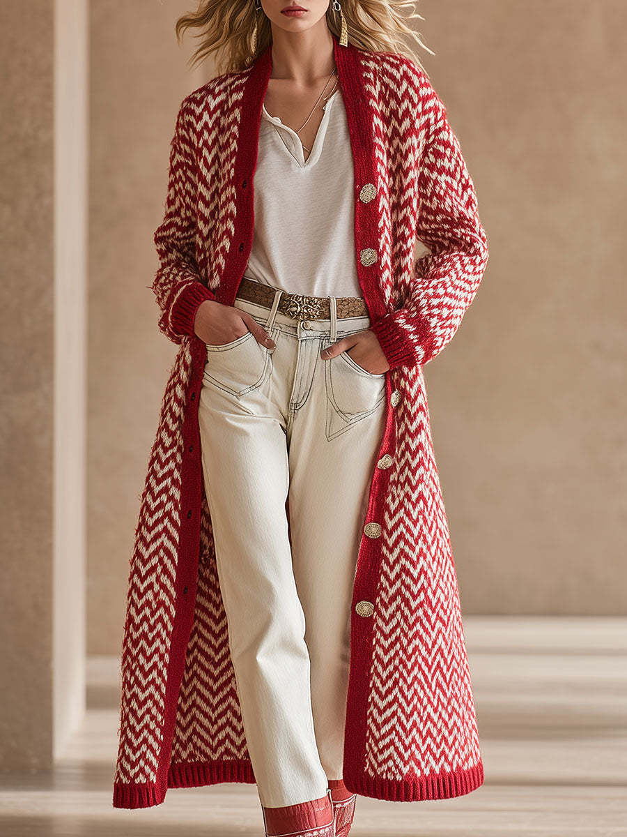 High-end Fashionable Red Herringbone Knitted Mid-length Cardigan