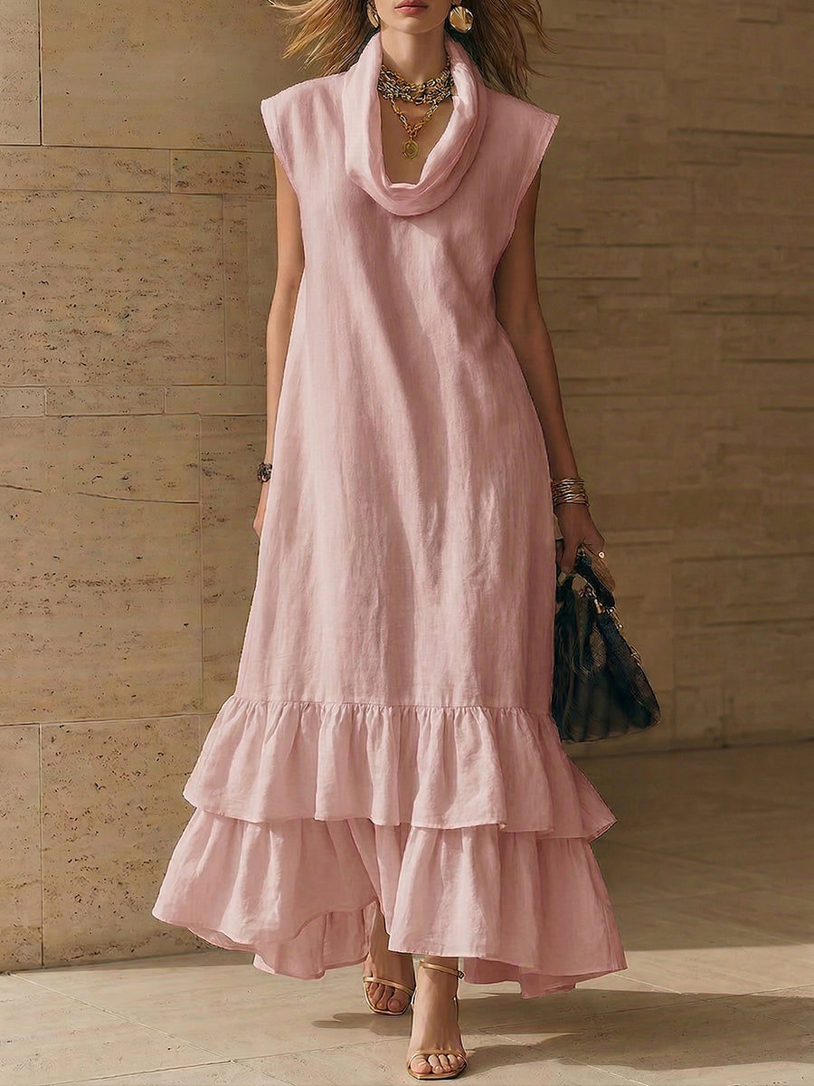 Elegant Cowl-neck Loose-fit Cotton-linen Maxi Dress