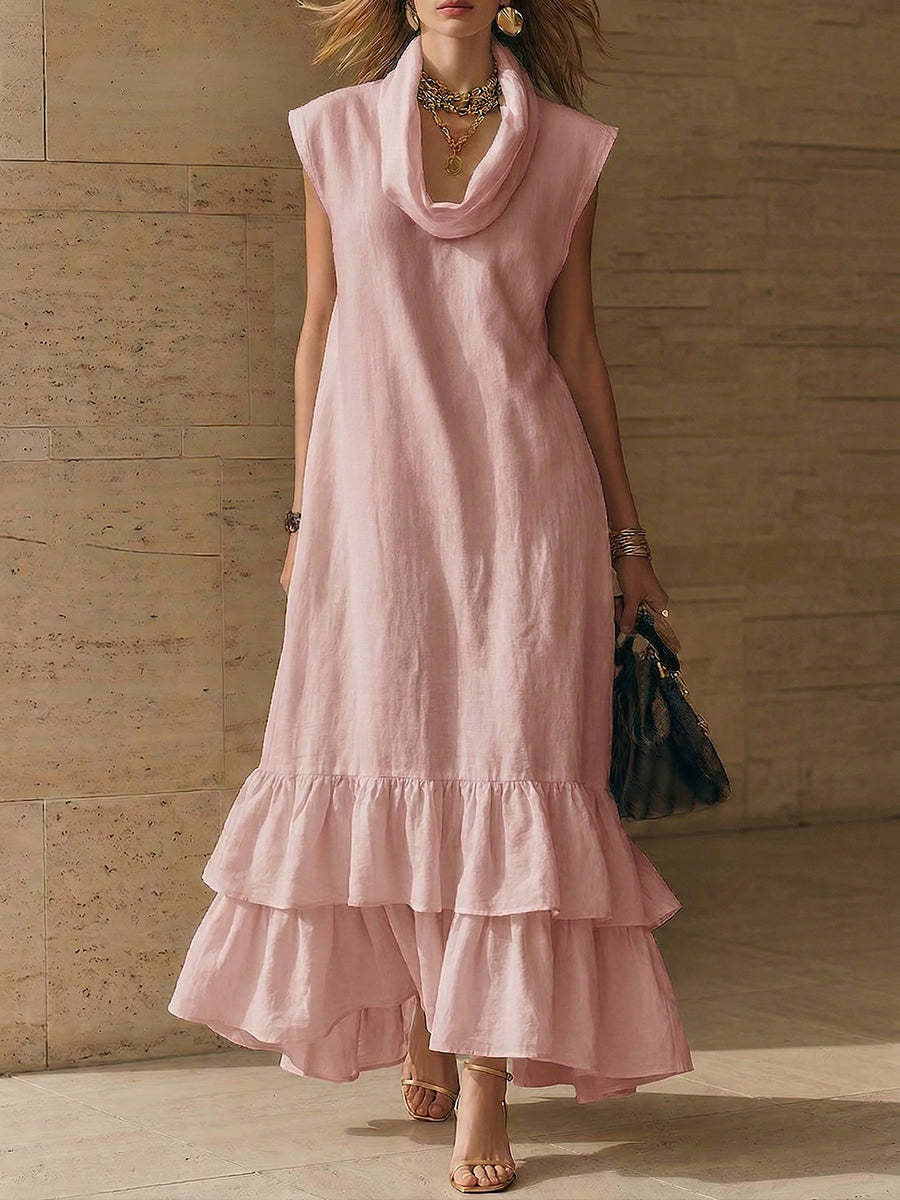 Elegant Cowl-neck Loose-fit Cotton-linen Maxi Dress