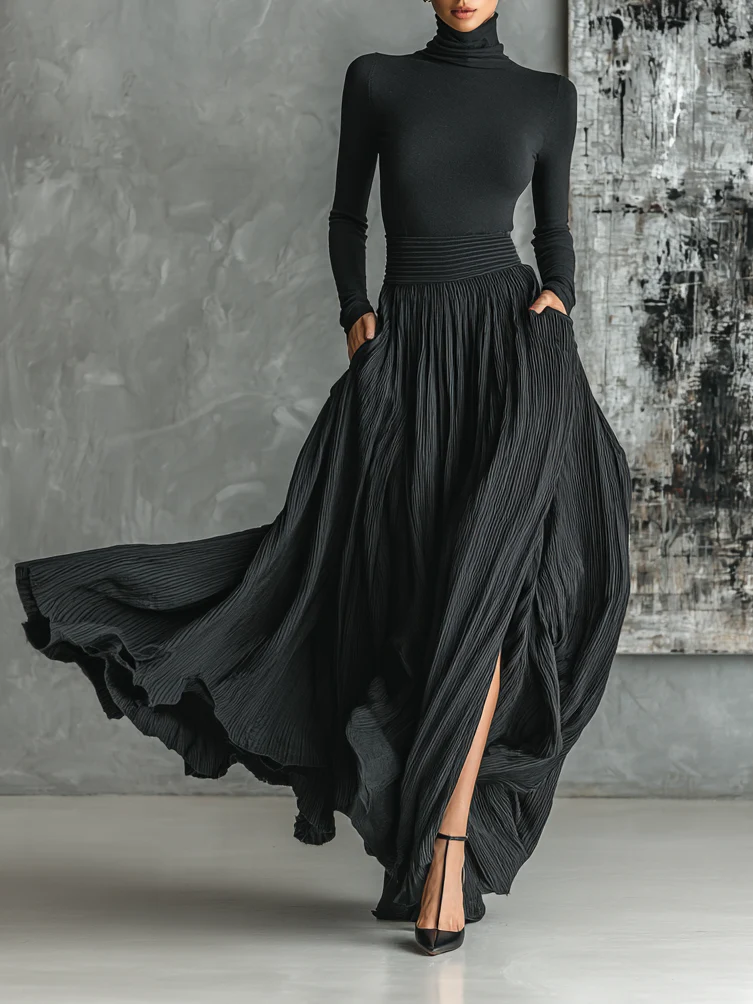 Fashion All Black Skinny Turtleneck T-shirt Pleated Skirt Set