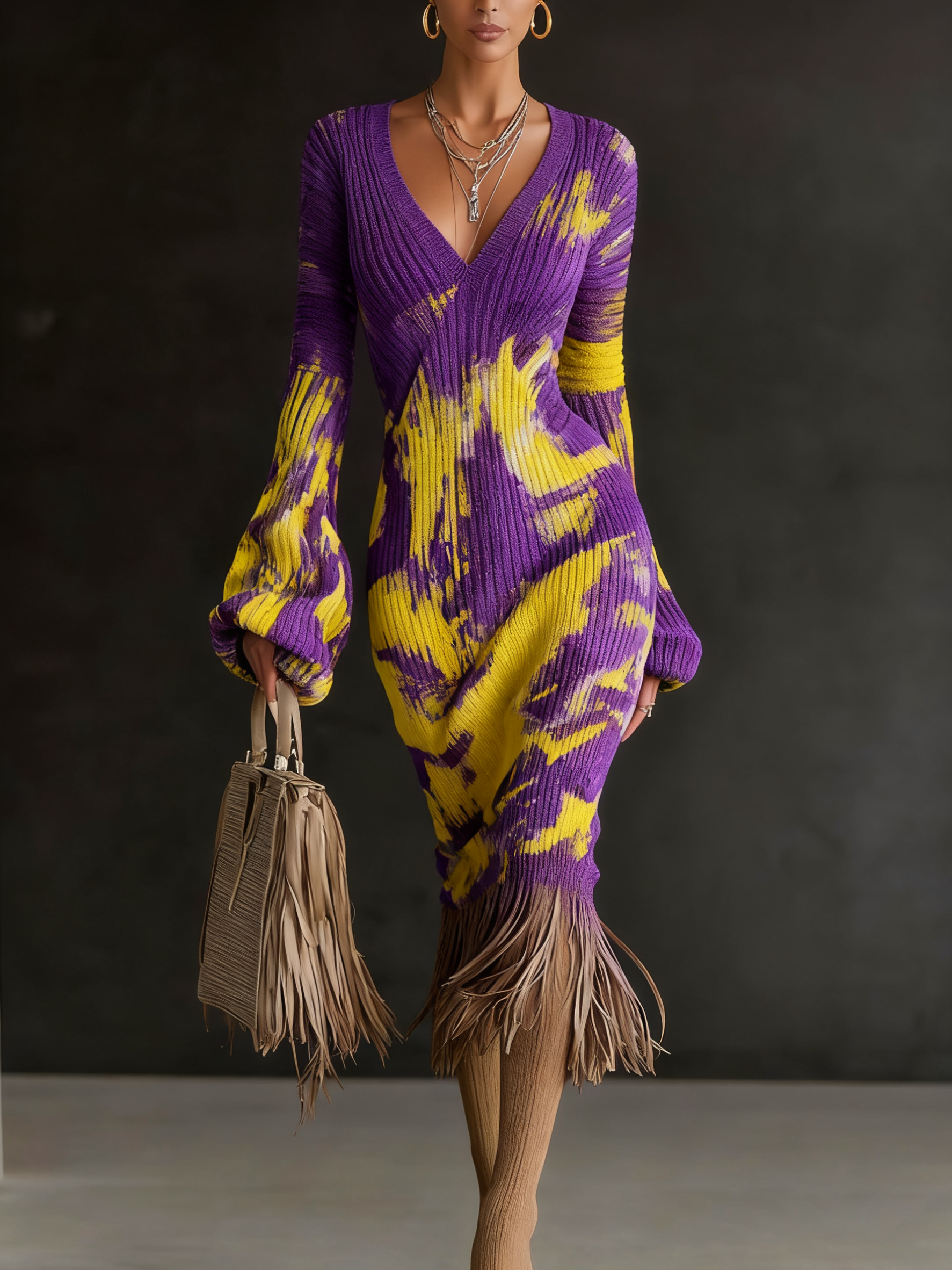 Printed Textured Knitted Tassel Hem Long Sleeve Midi Dress03