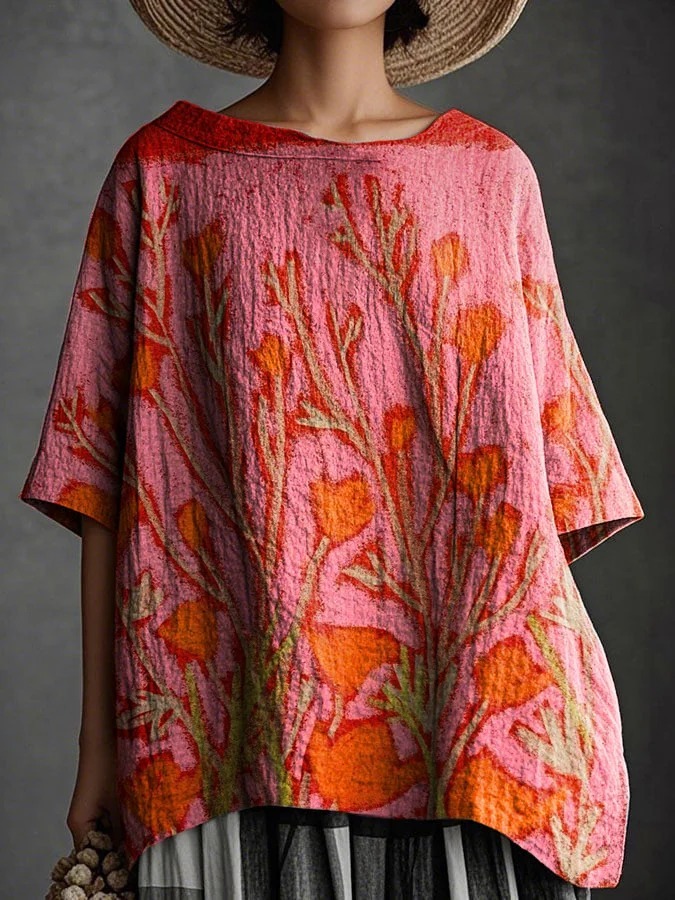 Vintage Floral Art Print Cotton Crew Tee-1