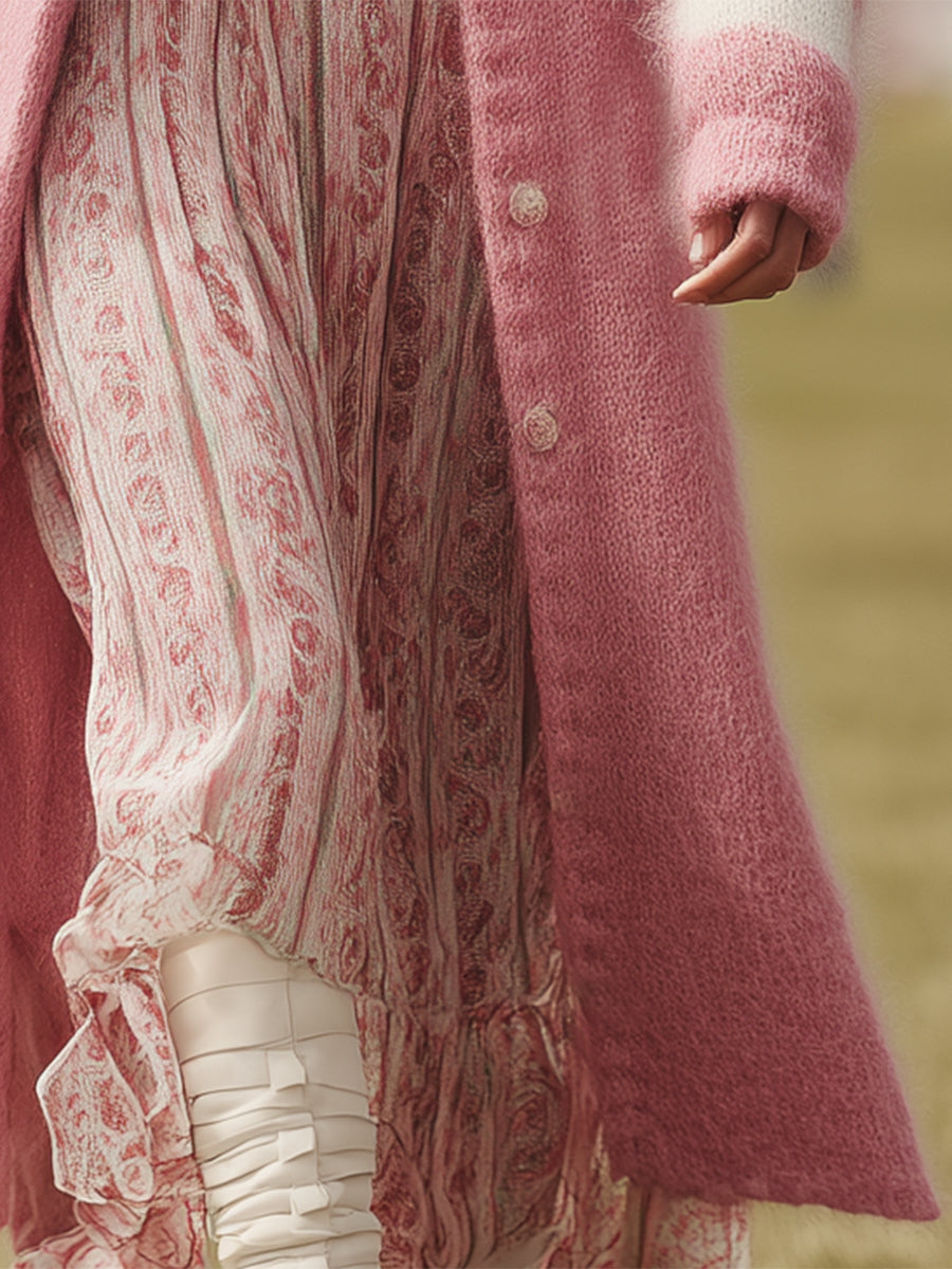 Pink Mohair And White Striped Long Cardigan