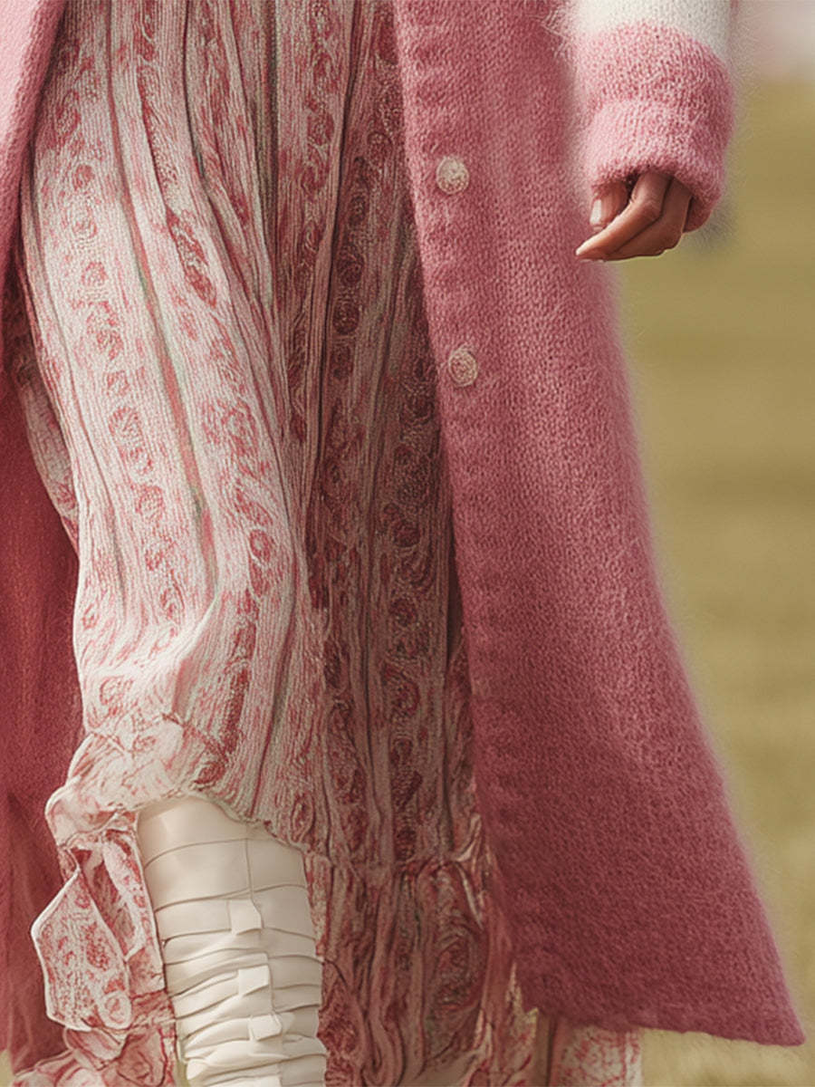 Pink Mohair And White Striped Long Cardigan