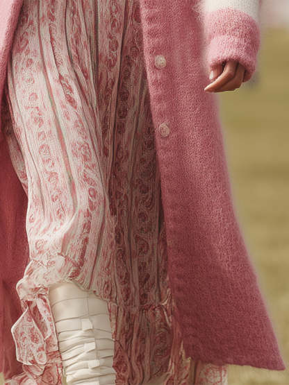 Pink Mohair And White Striped Long Cardigan