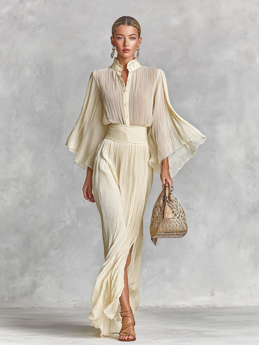 Women's Pleated Chiffon Stand Collar Trumpet Sleeve Shirt Slit Floor Length Skirt Two-piece Set MDA2202G8Y