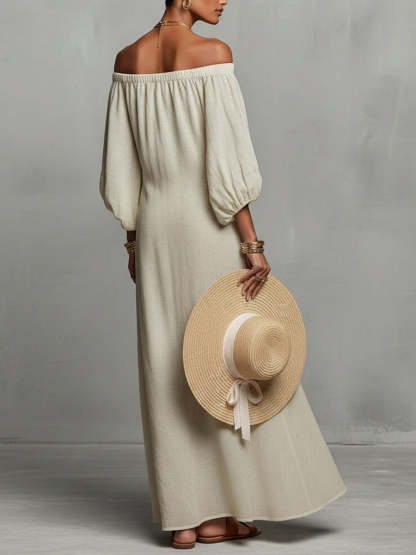 Women's Round Neck Long Sleeve Casual Loose Linen Dress