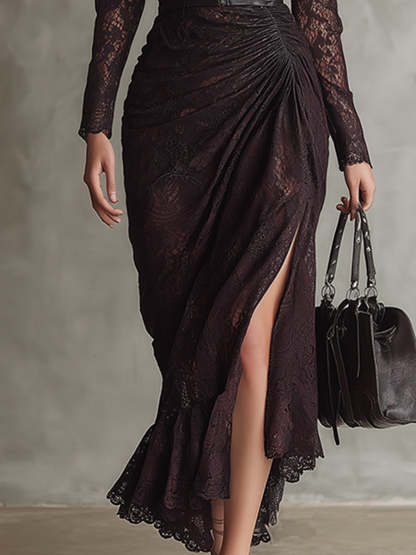 Retro High-end Brown-red Imitation Leather Stitching Lace Long-sleeved Maxi Dress
