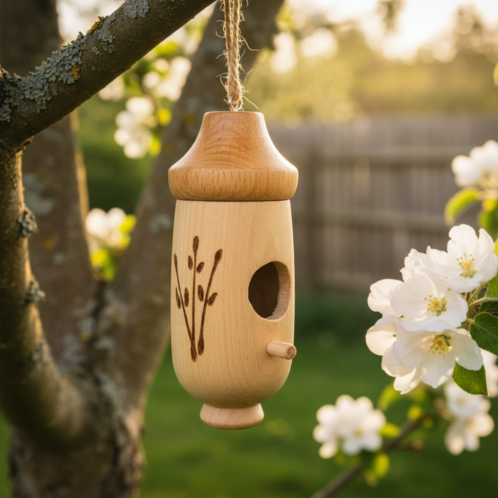Natural beechwood hanging birdhouse ornament on a flowering branch