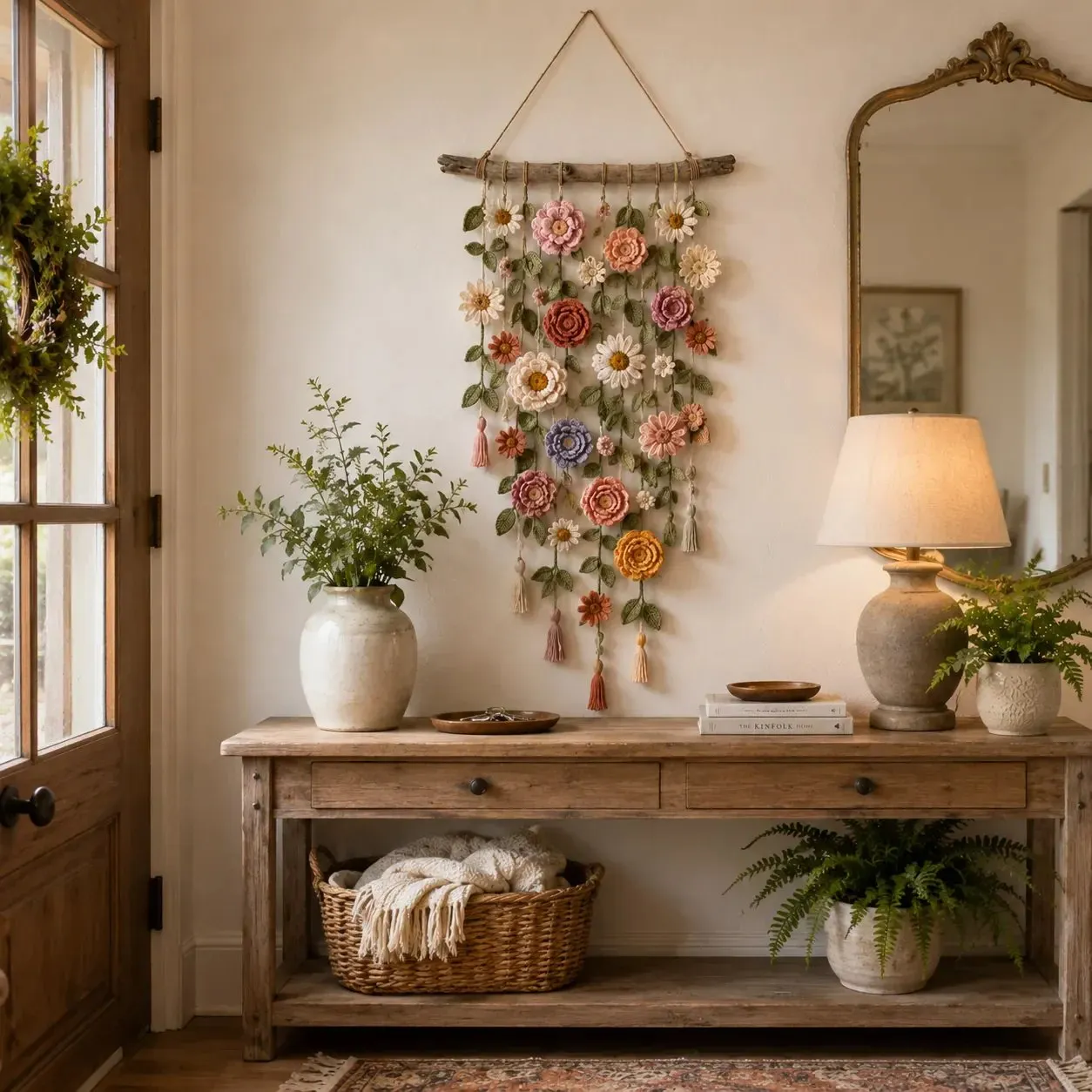 Crochet flower wall hanging above a rustic console table