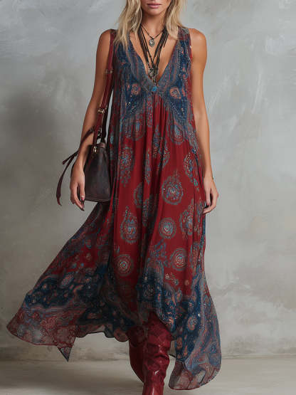 Retro Ethnic Bohemian Print Chiffon Sleeveless Maxi Dress