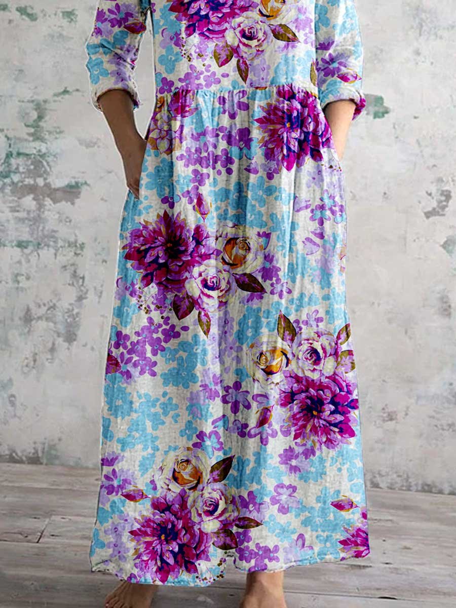 Women's Art Rose Floral V Neck Cotton and Linen Dress With Pockets