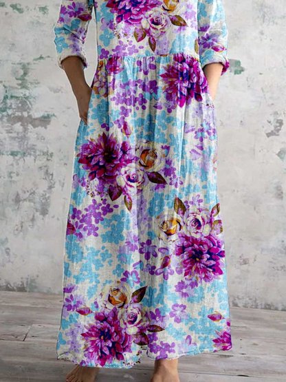 Women's Art Rose Floral V Neck Cotton and Linen Dress With Pockets