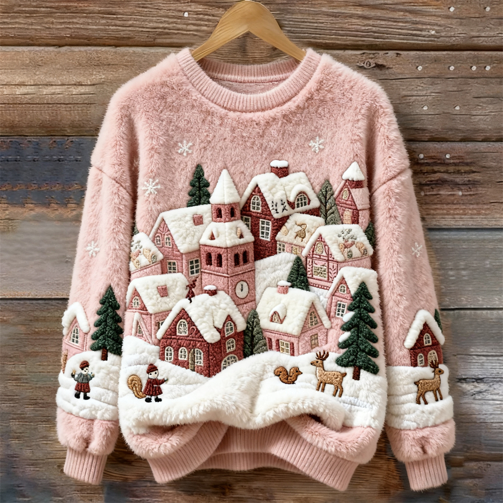 Christmas House Snow Scene Art Women's Cozy Plush Sweater