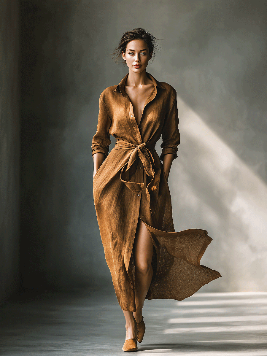 Women's Vintage Brown Blend Shirt Maxi Dress MDA2898G6I