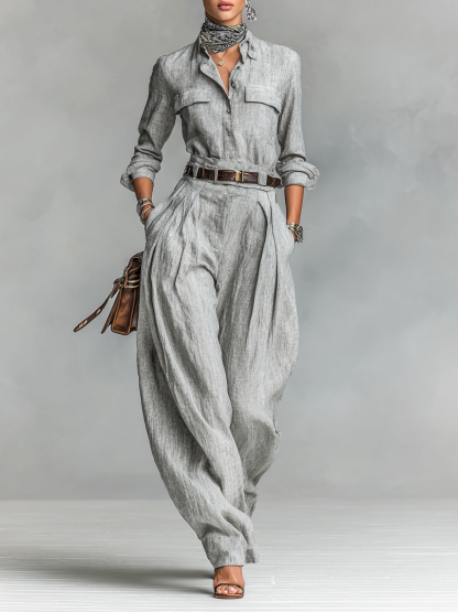 Women's Cotton-linen Blend Long-sleeved Shirt And Trousers Two-piece Set