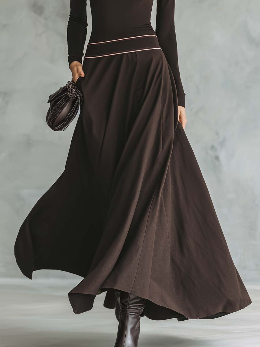 Retro Elegant Versatile High-necked Pink Trim Dark Brown Stretch Cotton Maxi Dress