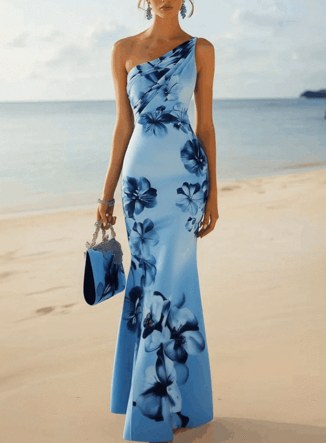 Shipping One Shoulder Light Blue Bodycon Dress With Blue Gradient Floral Print