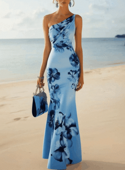 Shipping One Shoulder Light Blue Bodycon Dress With Blue Gradient Floral Print