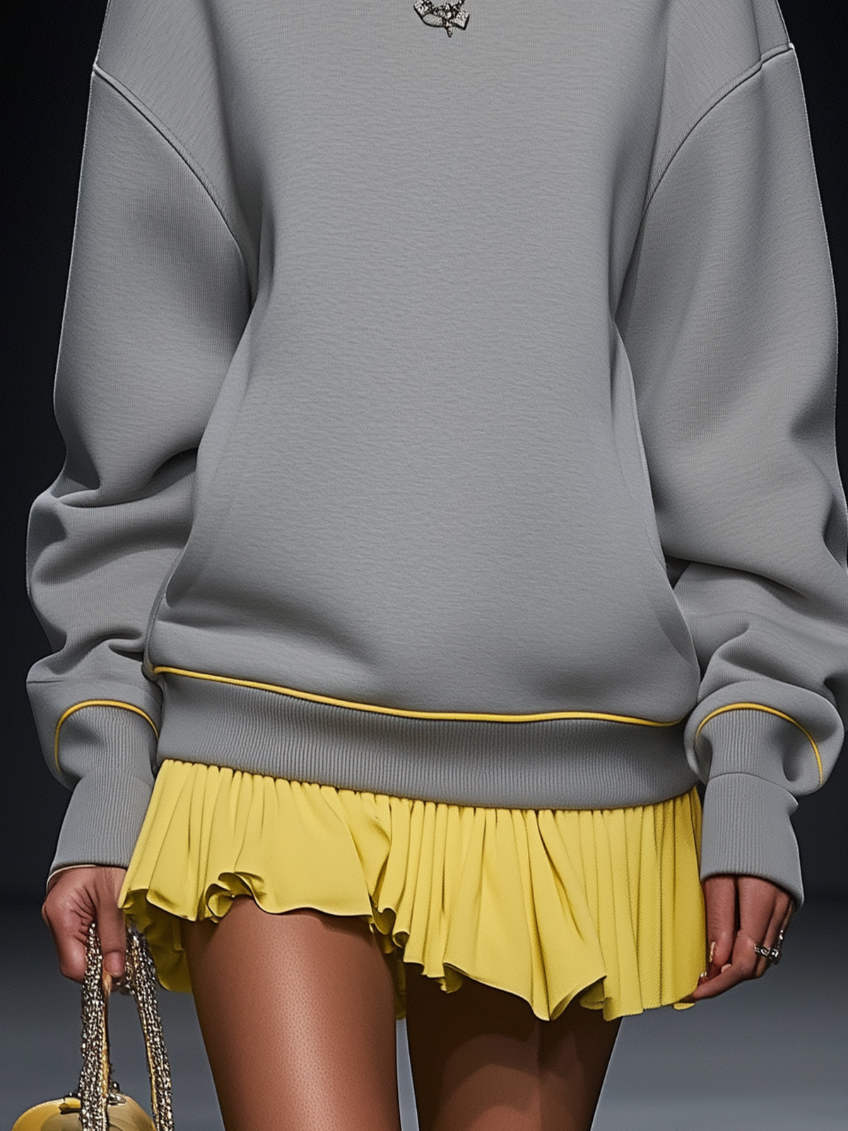 Gray Turtleneck Mini Casual Dress With Yellow Trim And Hem