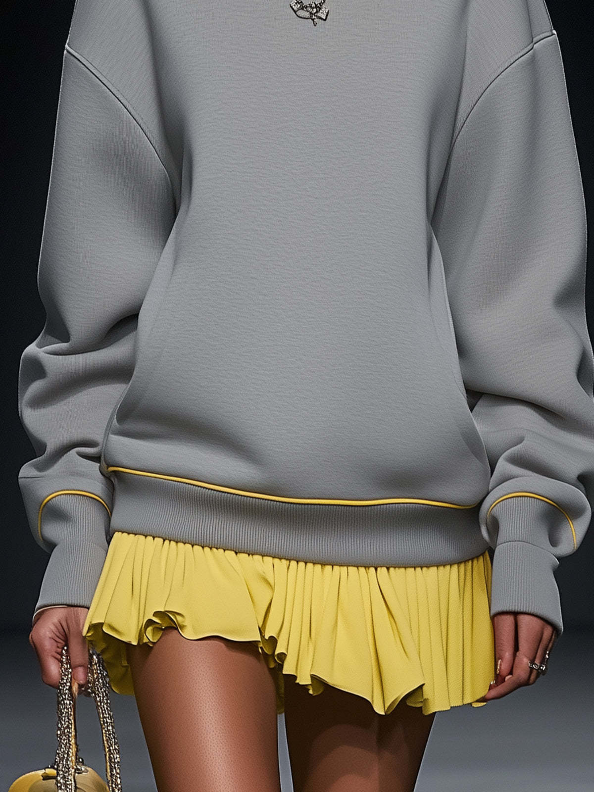 Gray Turtleneck Mini Casual Dress With Yellow Trim And Hem