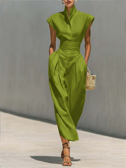 Waist-cinching Linen And Cotton Sleeveless Dress