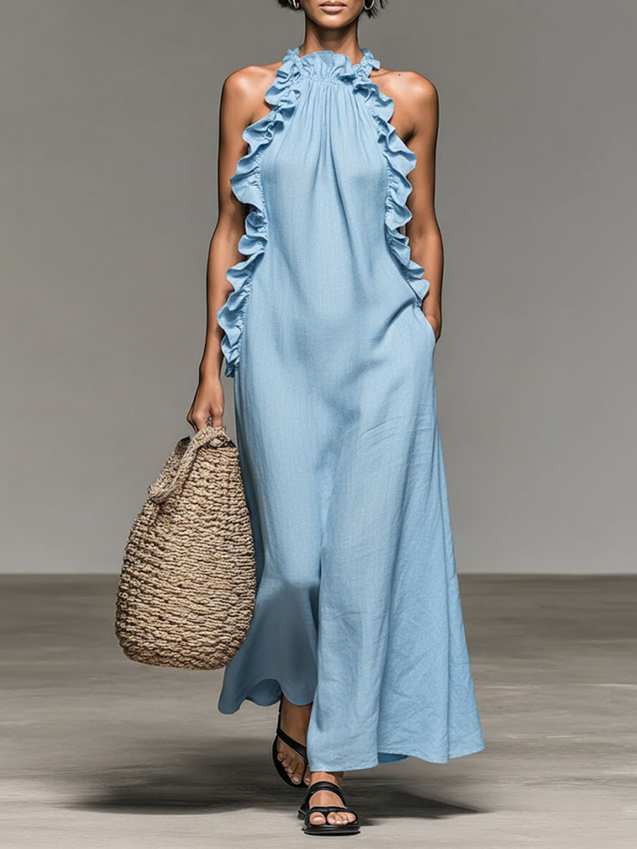 Women's Stand-up Collar Sleeveless Casual Loose Cotton And Linen Dress