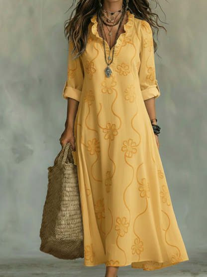 Embroidered V Neck Maxi Dress Casual Fit